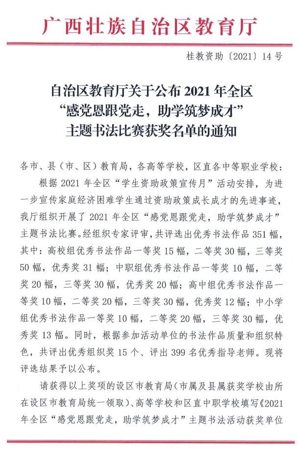 喜报我校在2021年全区感党恩跟党走助学筑梦成才主题书法比赛和征文